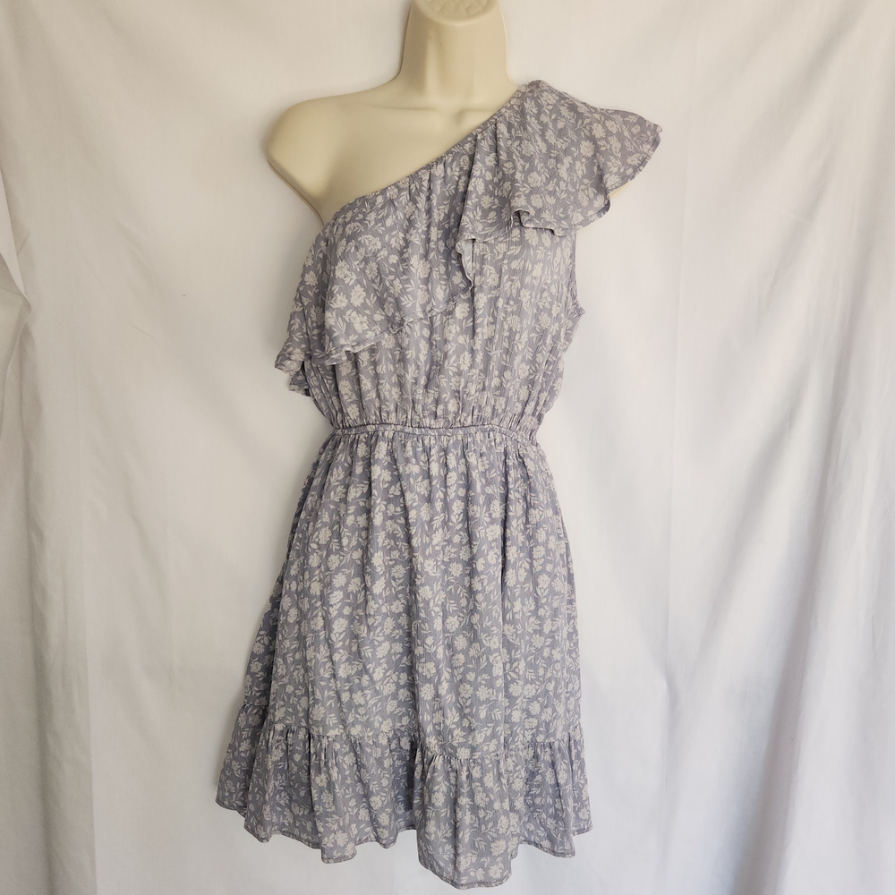 Gilli Floral Mini Powder Blue One-Shoulder Ruffle Dress Western Boho Festival S